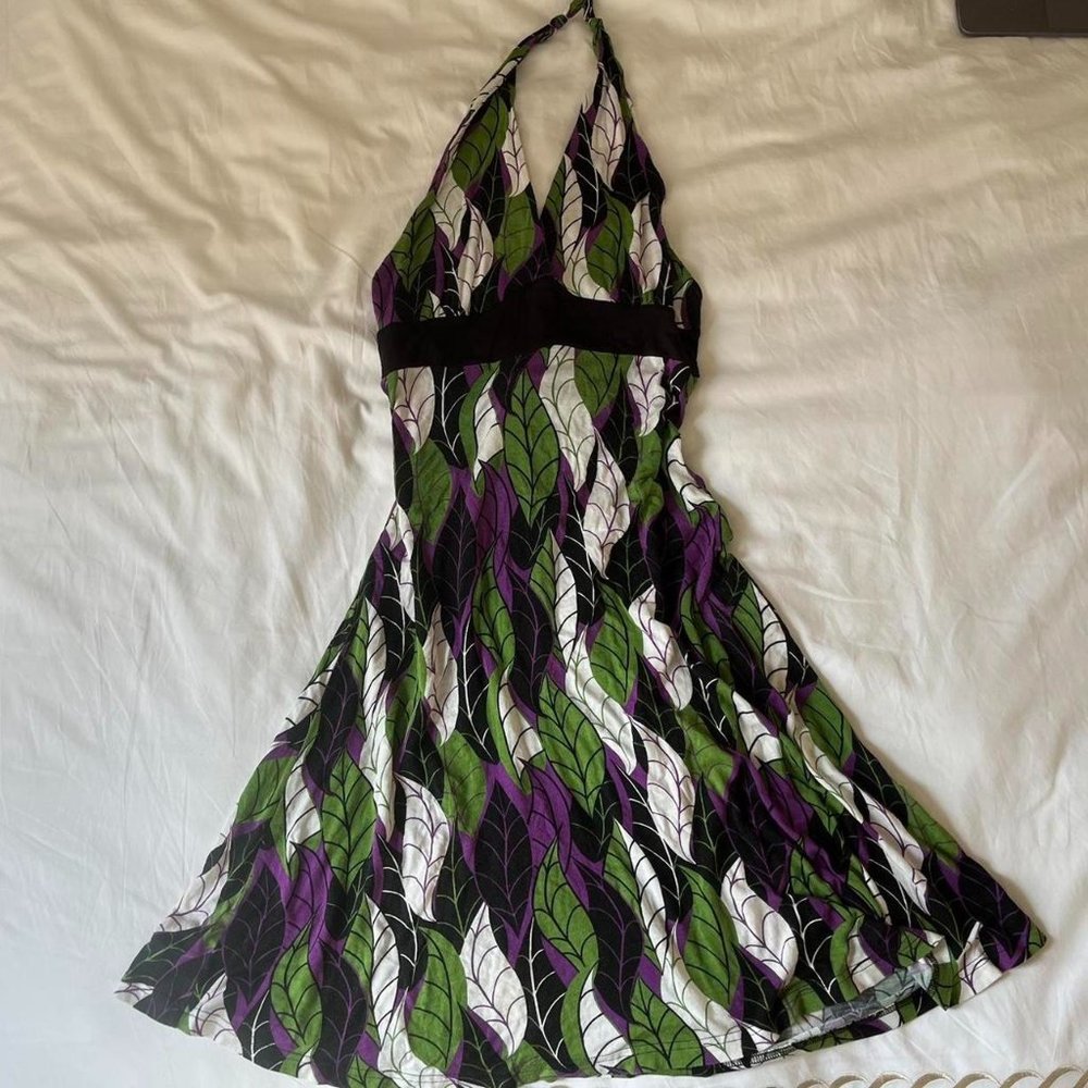 Buffalo David Button Purple Green and Black leaf design halter midi/maxi dress